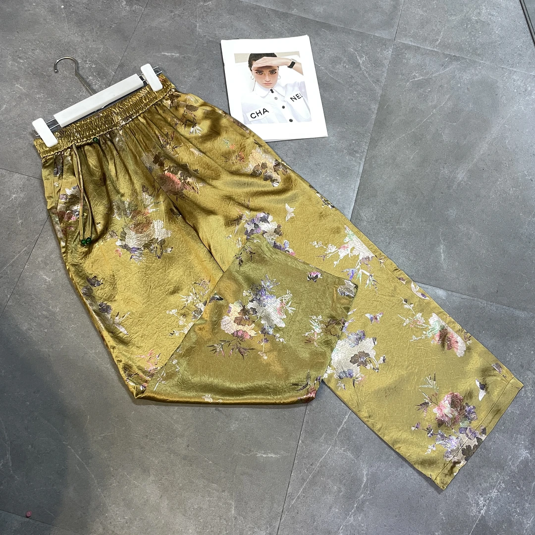 【黄花】中式白色阔腿裤女春秋新款中国风松紧腰提花休闲宽8229