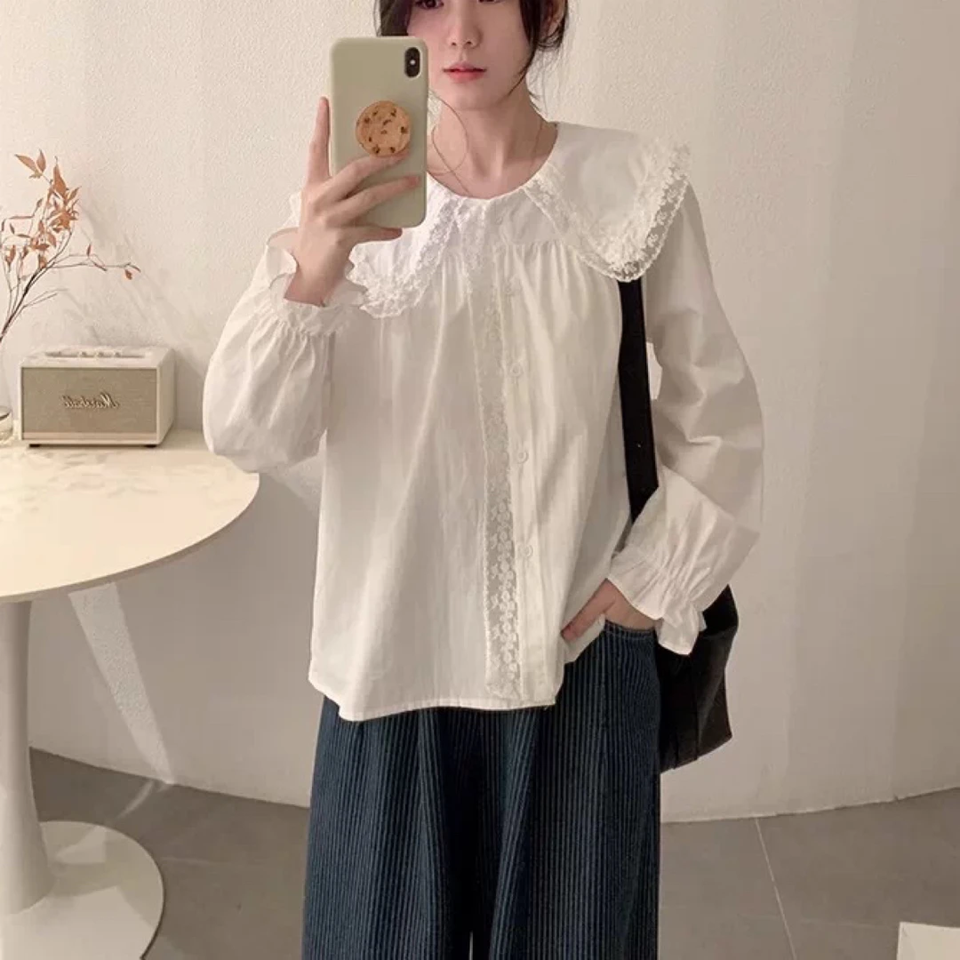 春秋季白色娃娃领蕾丝花边棉布女士衬衫气质高档洋气