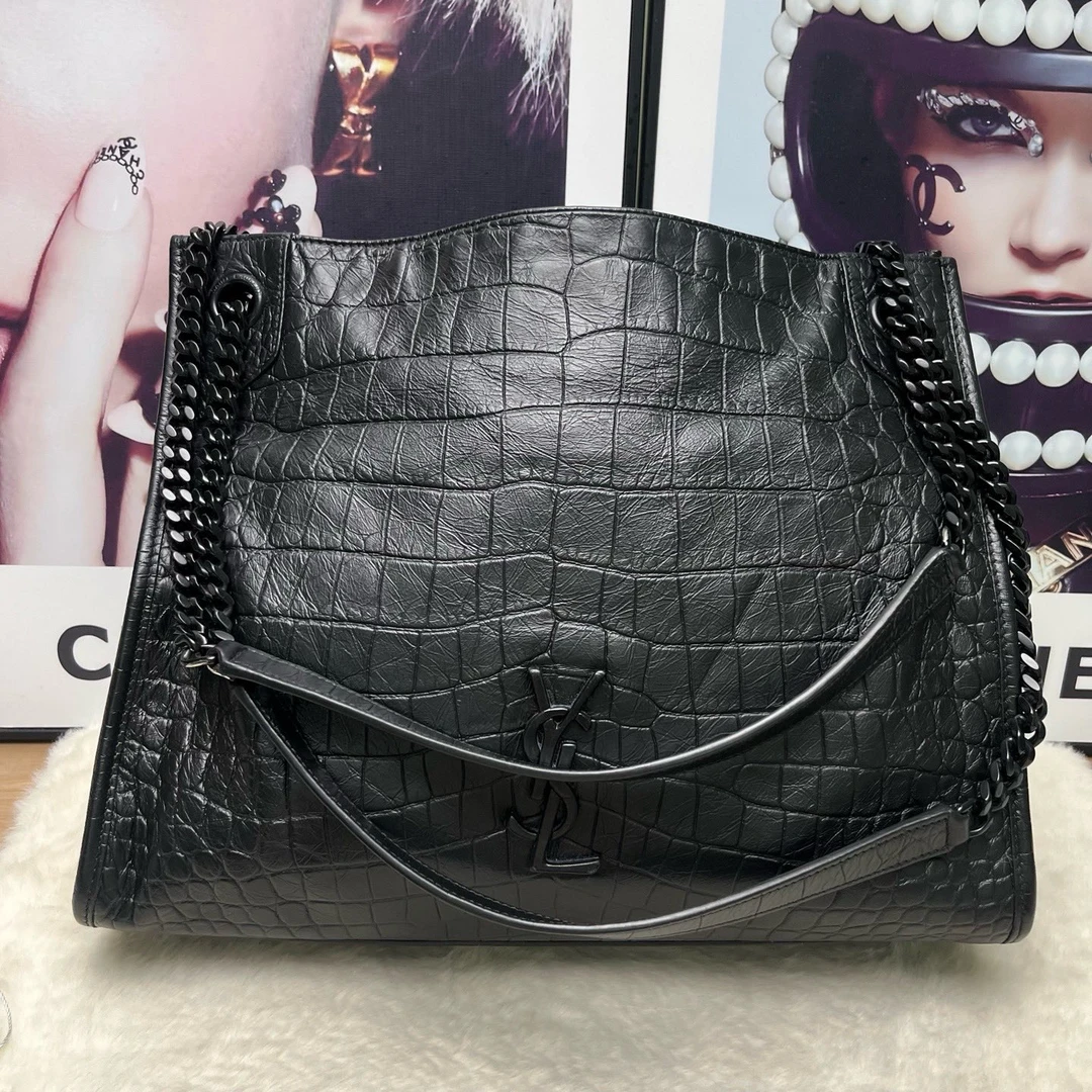 99新 YSL/圣罗兰 shopping bag托特包黑色鳄压