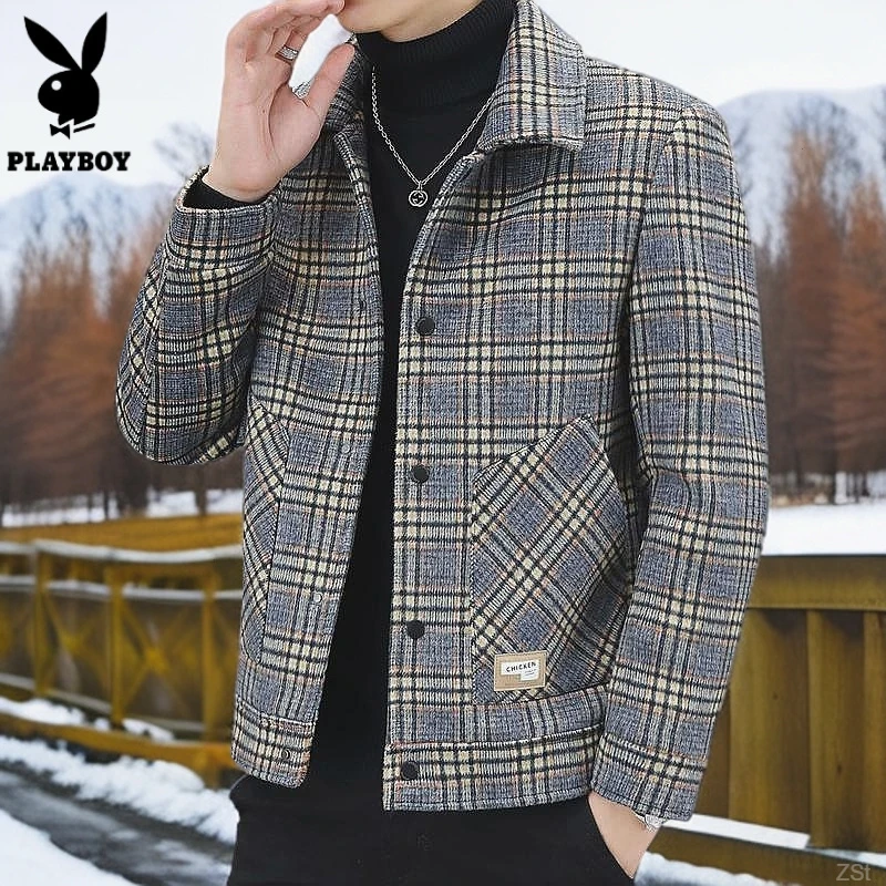 花花公子短款冬装外套男毛呢大衣男士潮流时尚格子夹克冬季呢子