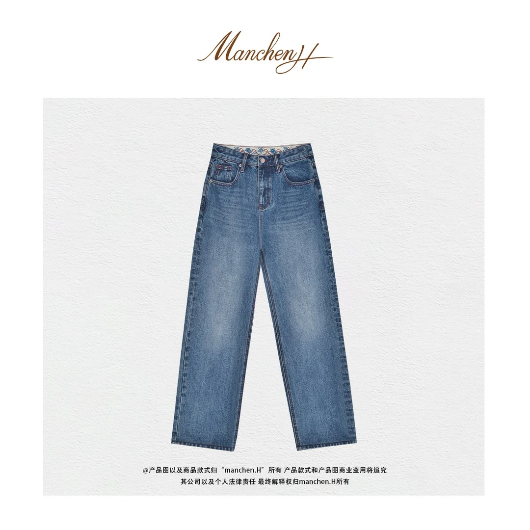 Manchenh"高定刺绣佩里斯长腿裤"意大利进口面料明线绣花长腿裤