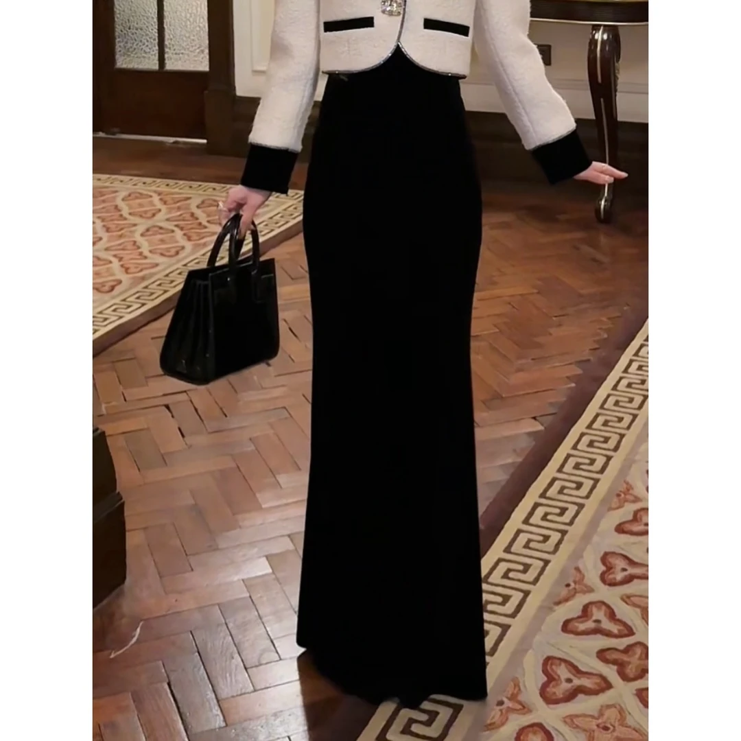 LUXURYMEMO【一路繁花】秋冬气质丝绒时尚鱼尾半身裙