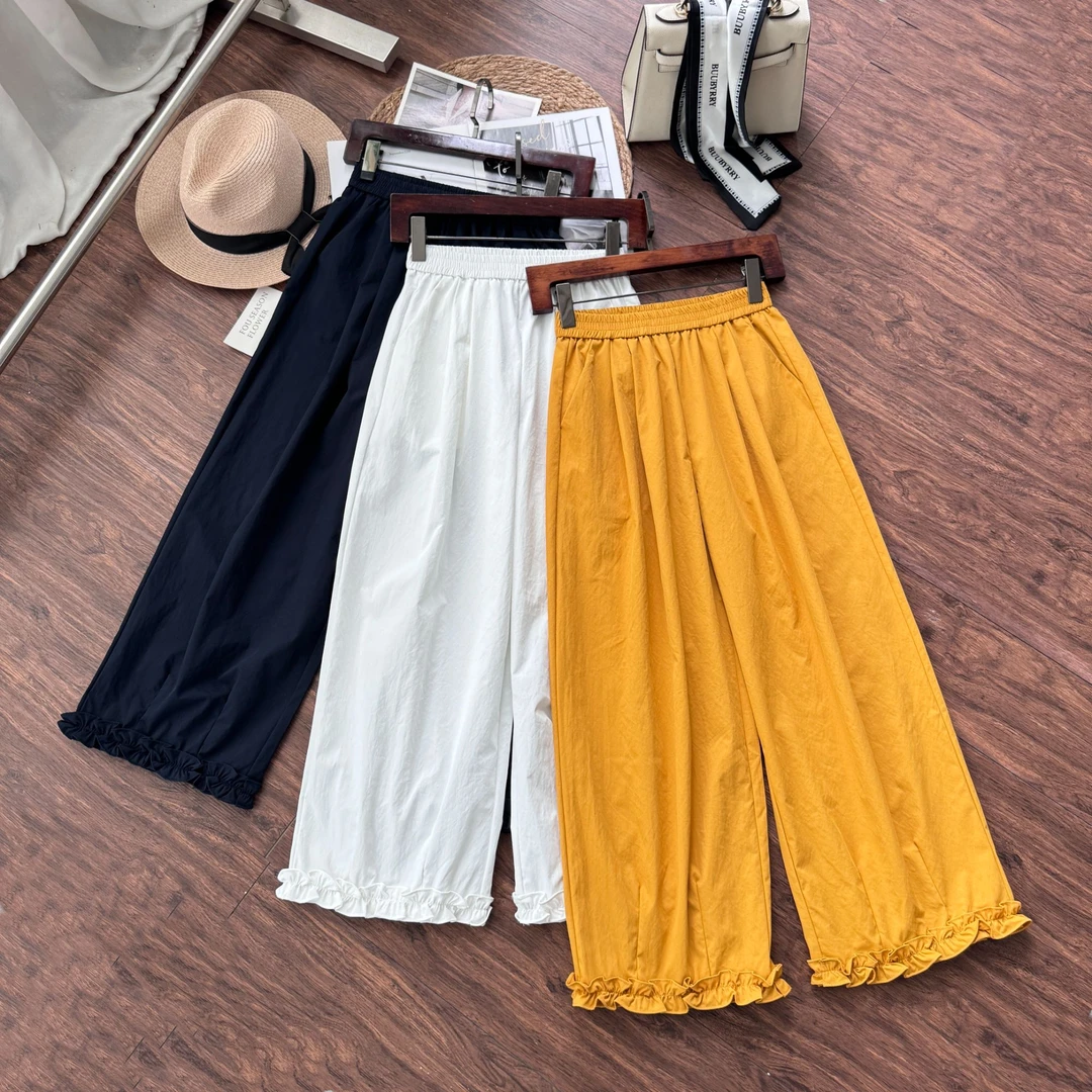 【韩系木耳花边裤】松紧腰胖MM休闲裤小个子八分九分直筒花苞阔腿裤