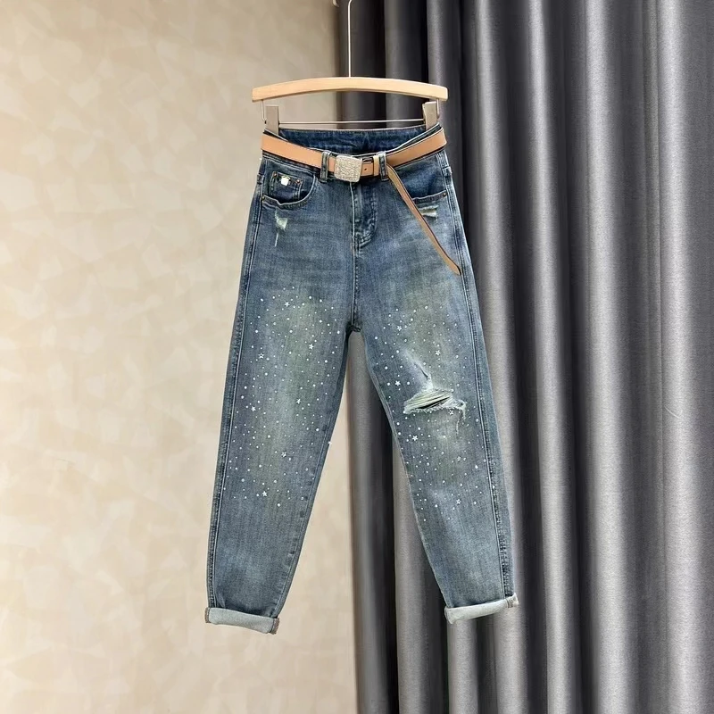 7881欧货重工艺满天星烫钻牛仔裤