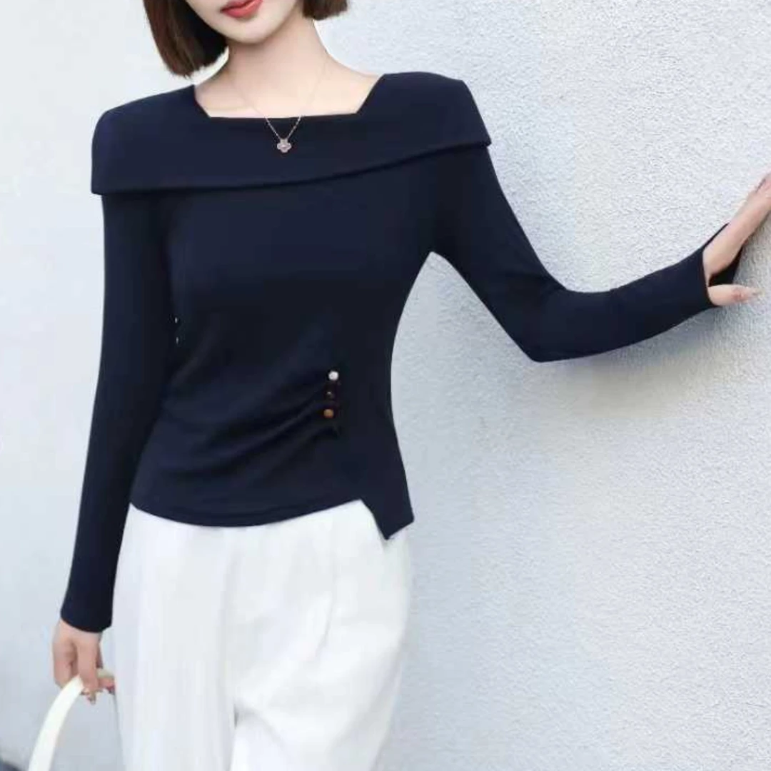 歌哥优质云朵打底衫女秋冬收腰斜肩女款T恤公主领长袖女装上衣788