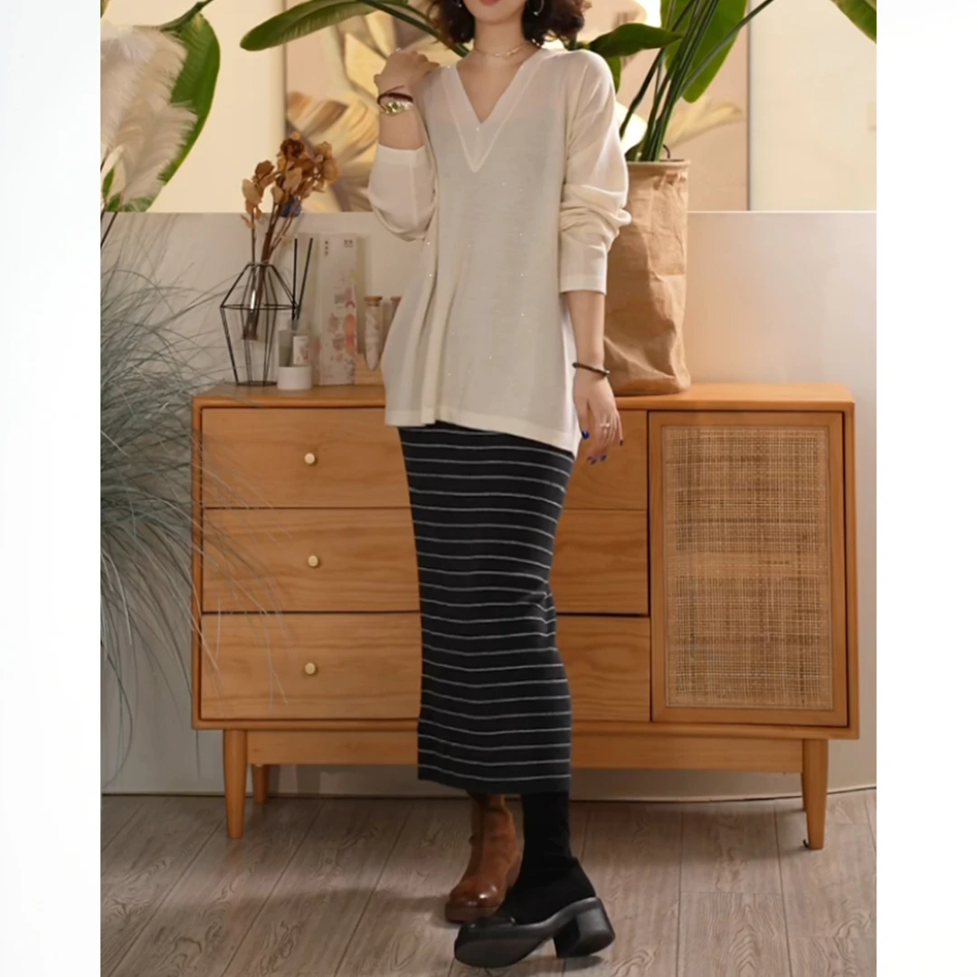 X【叭哒不惑】伦巴  绵羊毛直筒条纹半身裙女复古显瘦百搭裙子