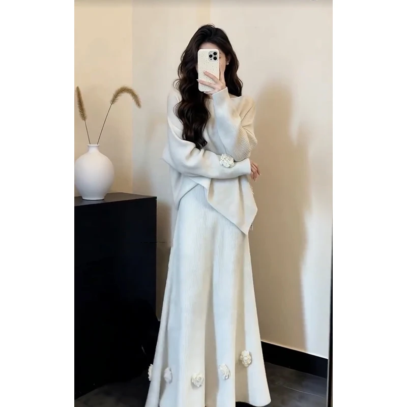 温柔风高级感气质立体花朵钉珠针织套装秋冬新款一字肩毛衣两件套