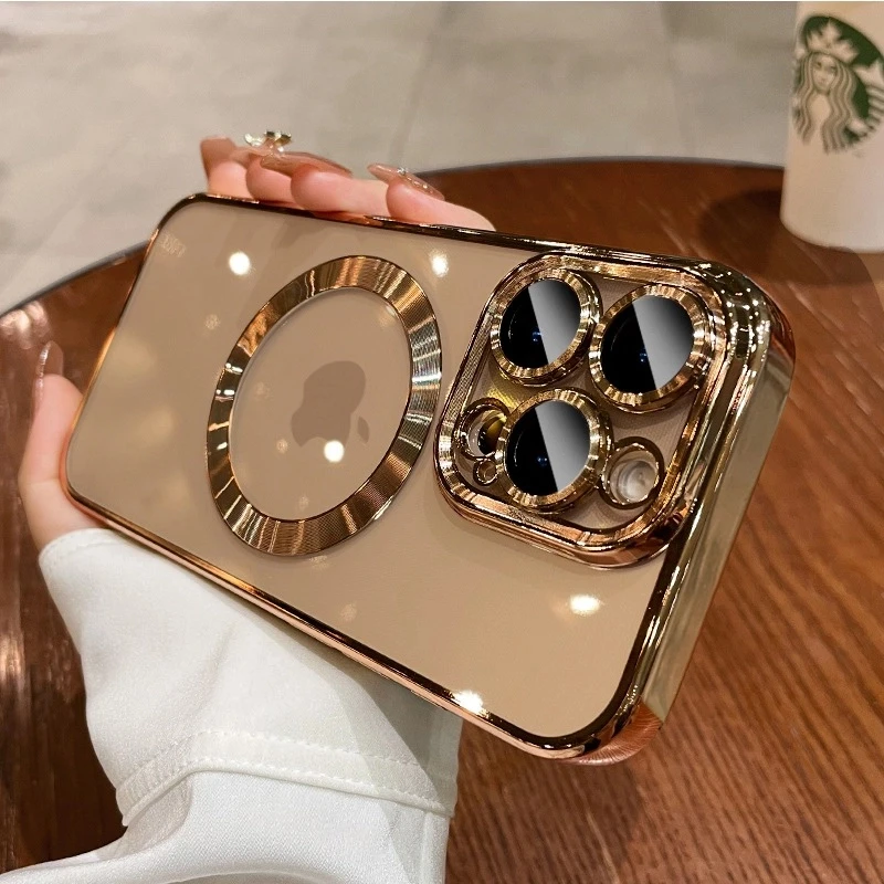 沙漠金适用苹果16promax手机壳透明磁吸高级感全包自带镜头膜女款