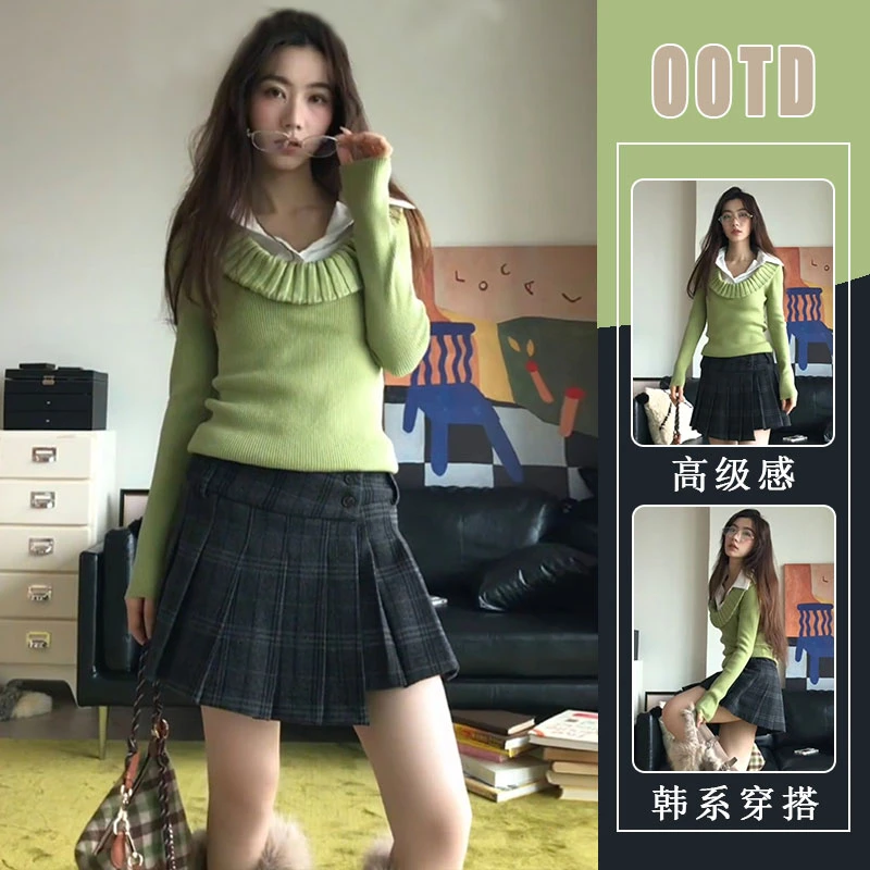 时尚穿搭撞色拼接假两件polo翻领设计感显瘦针织上衣半身裙两件套