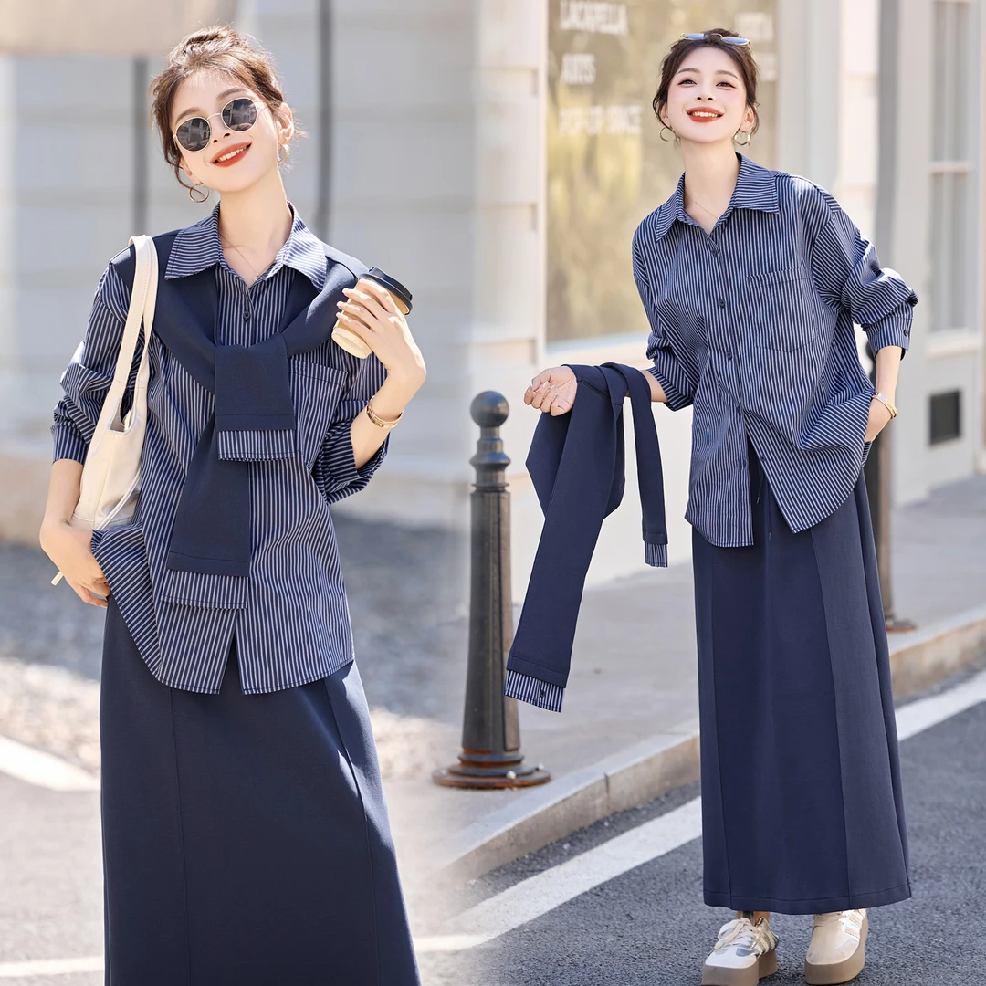 运动风INS风休闲风时尚两件套装2025春秋格子上衣时尚衬衣半身裙