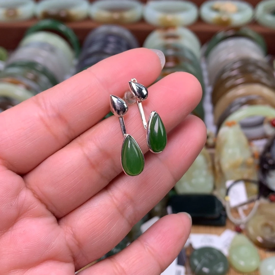 和田玉（碧玉）银S925镶嵌耳饰