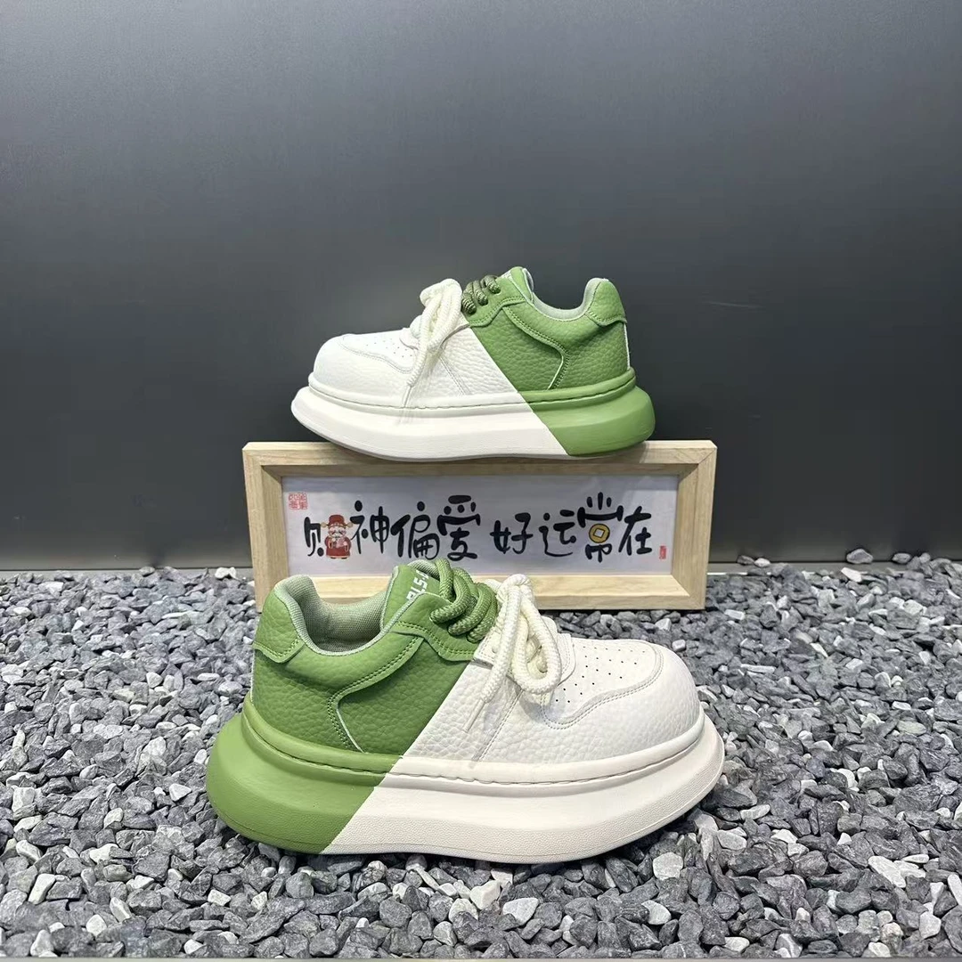 潮流男款简约拼色个性厚底增高休闲鞋皮面时尚百搭轻便软底男士鞋
