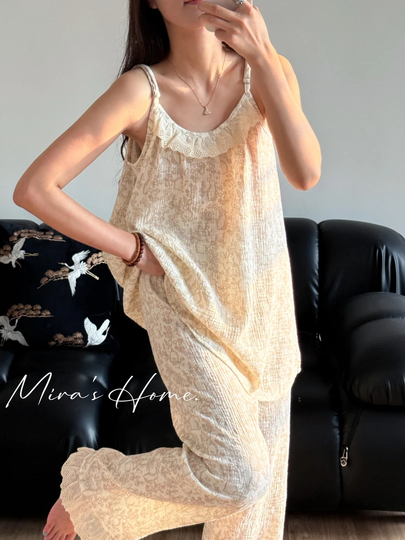 【A类全棉双层纱】Mira‘sHome 全棉双层棉纱蕾丝花边吊带长裤