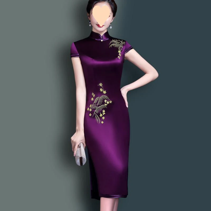涤纶100%妈妈旗袍平时可穿醋酸段紫色短袖夏款参加宴会婚礼母亲礼