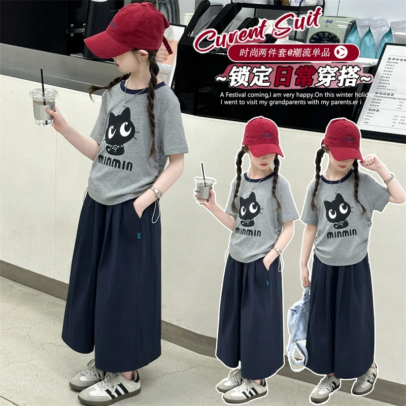 卡通风套头女猫咪夏季套装阔腿洋气中大童母女时尚潮流儿童