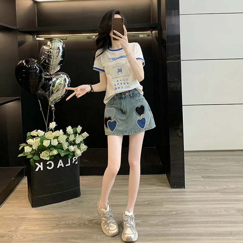 短袖正肩T恤女夏季新款宽松上衣高腰a字牛仔短裙防走光包臀半裙子