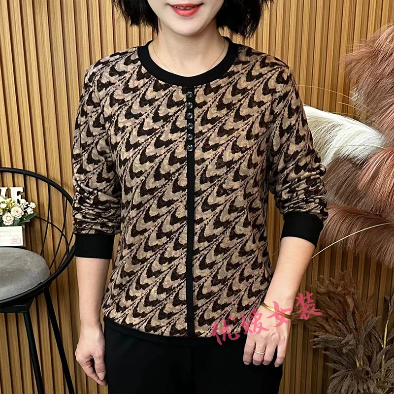 中老年女装秋季时尚圆领印花小衫宽松显瘦百搭洋气妈妈装长袖上衣