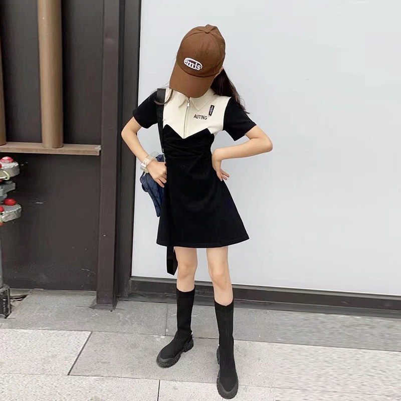 女童小香风名媛连衣裙2026夏季设计感拼接撞色POLO收腰显瘦A字裙