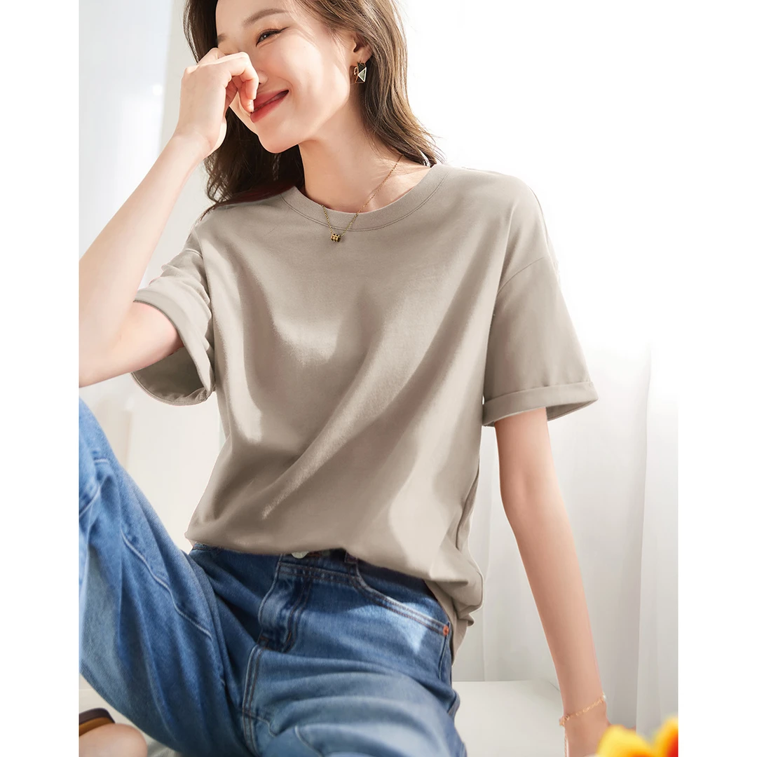 沫晗依美2025夏季新款时尚休闲百搭纯色简约圆领通勤短袖T恤4544