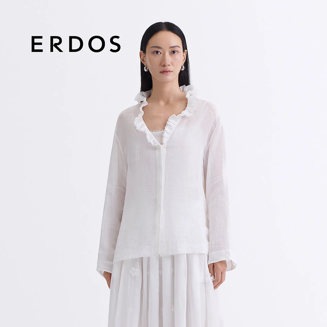 【王珞丹同款】ERDOS 白色苎麻浪漫琴褶V领衬衫