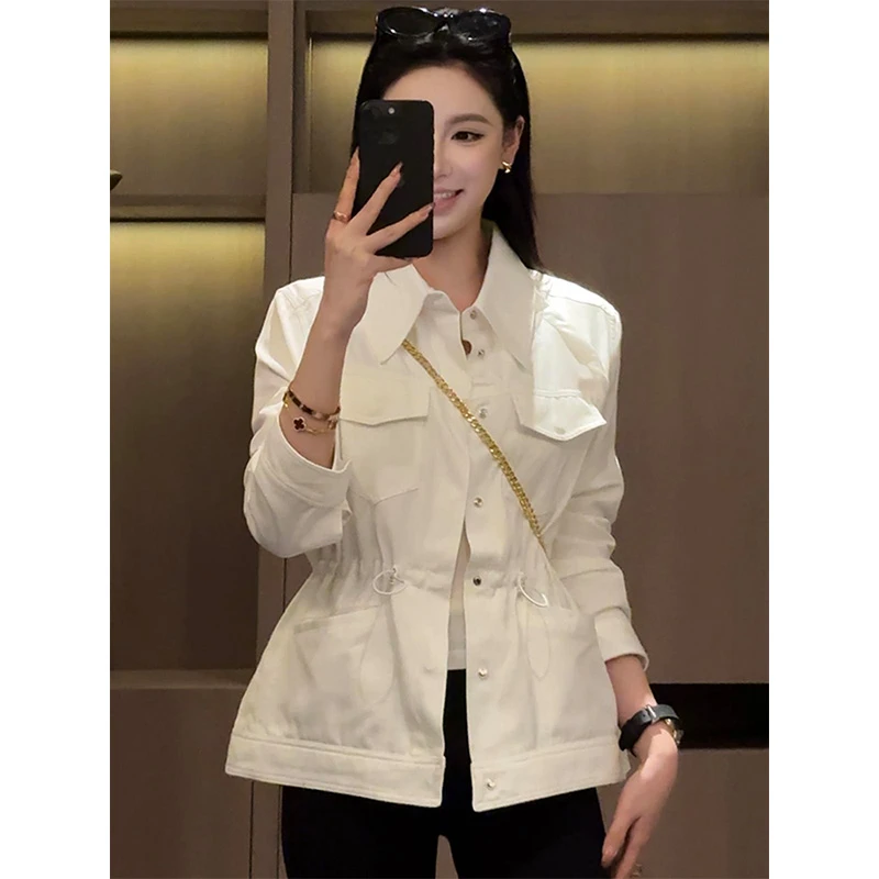 设计感翻领白色外套女2025春秋季气质别致洋气通勤氛围感长袖上衣