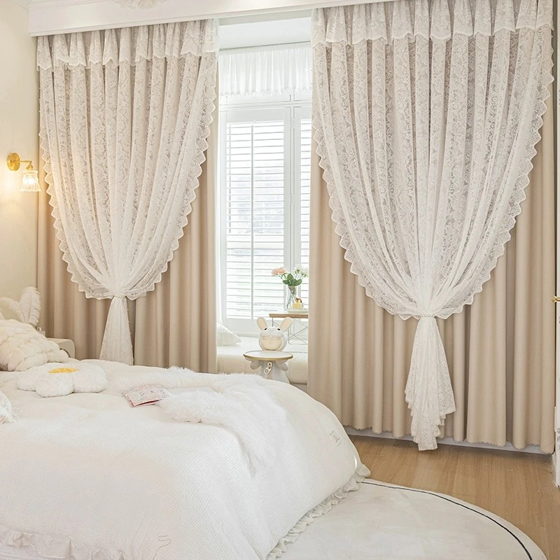 新款奶油风窗帘双层带纱钉珠新款女生卧室遮光法式蕾丝布纱一体
