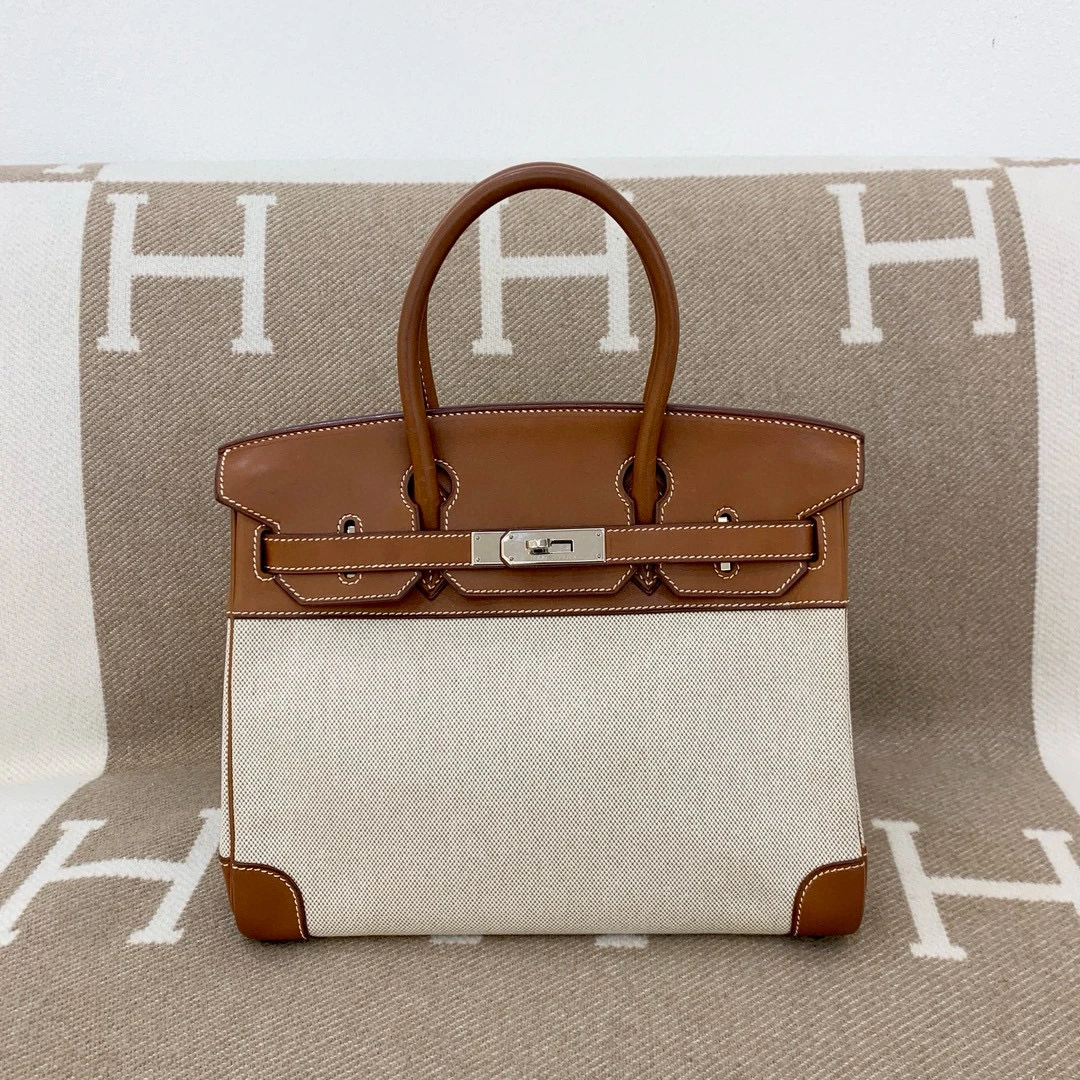 99新 Hermes/爱马仕 birkin 30toile帆布光面马鞍栗子色 kk0618a0
