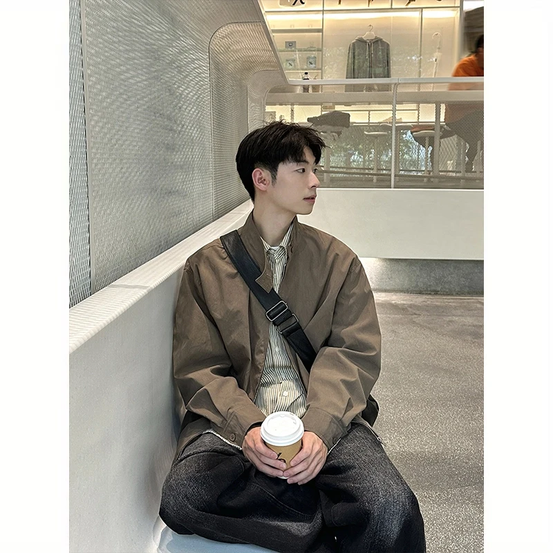 2025春秋新款纯色立领夹克男女复古工装百搭宽松休闲潮流上衣外套