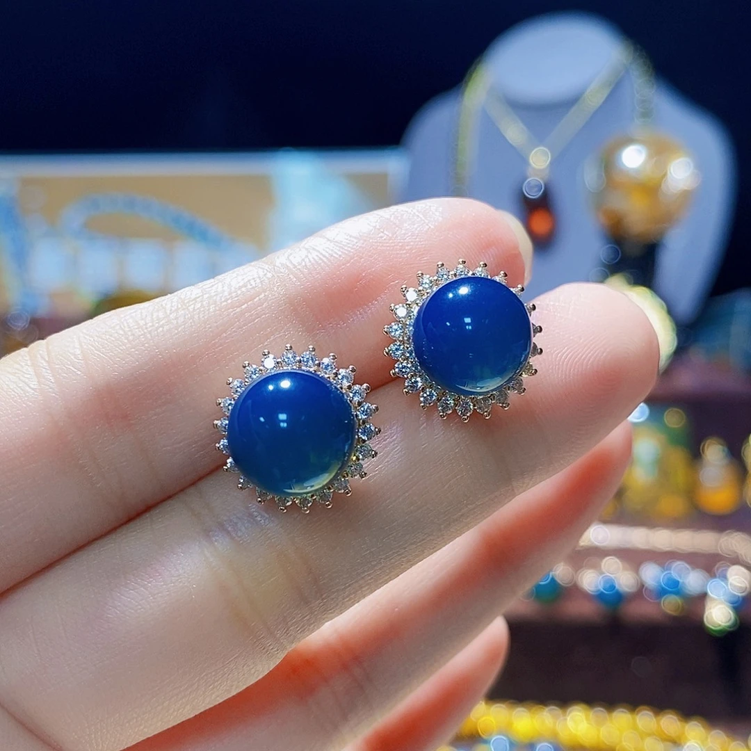 蓝珀银S925镀金镶嵌耳饰10m高蓝净水戴妃耳钉