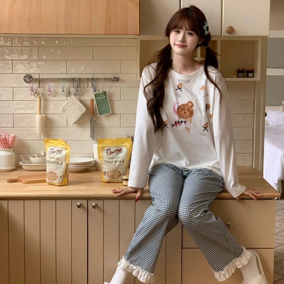 F-B6663春秋季新款格子花边长裤卡通睡衣女士宽松休闲家居服套装