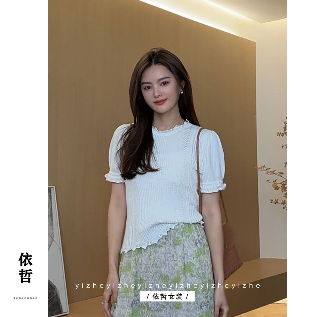 "法式针织T恤"ZF4501女短袖气质夏季小众设计感