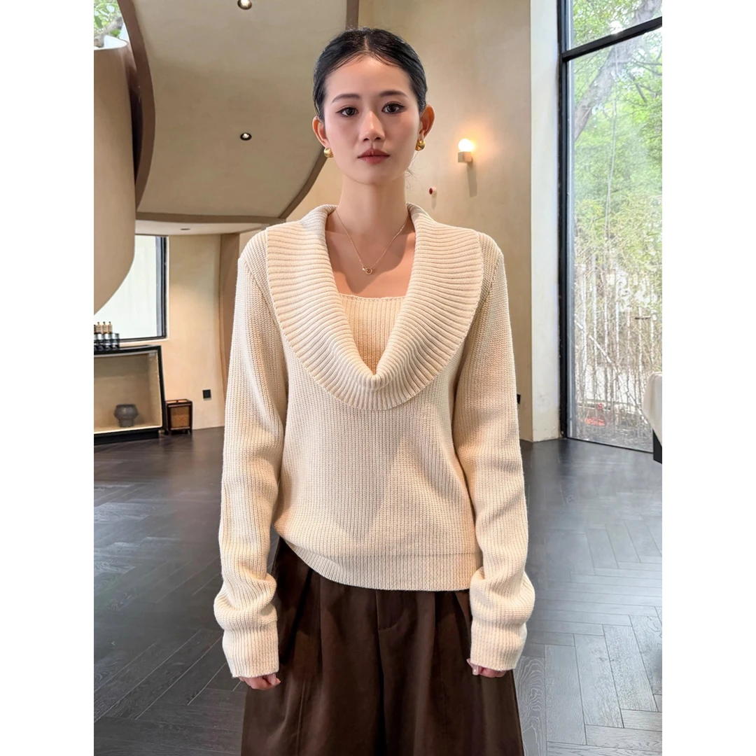 荡领毛衣女款2025新款秋冬外穿长袖针织假两件打底衫内搭上衣气质