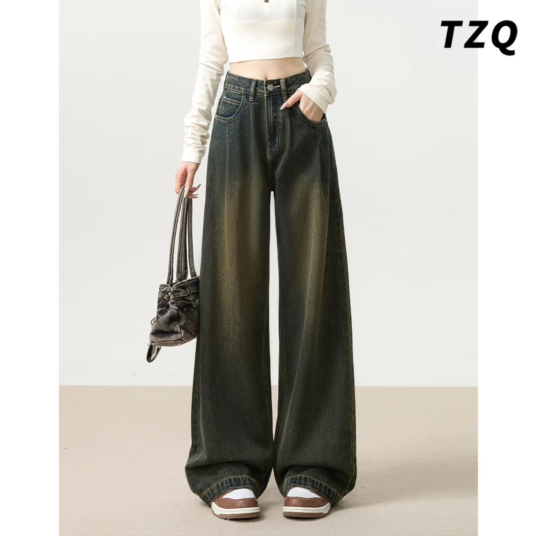 水泥灰阔腿牛仔裤女秋季高腰宽松显瘦复古休闲九分裤子TZQ2583068
