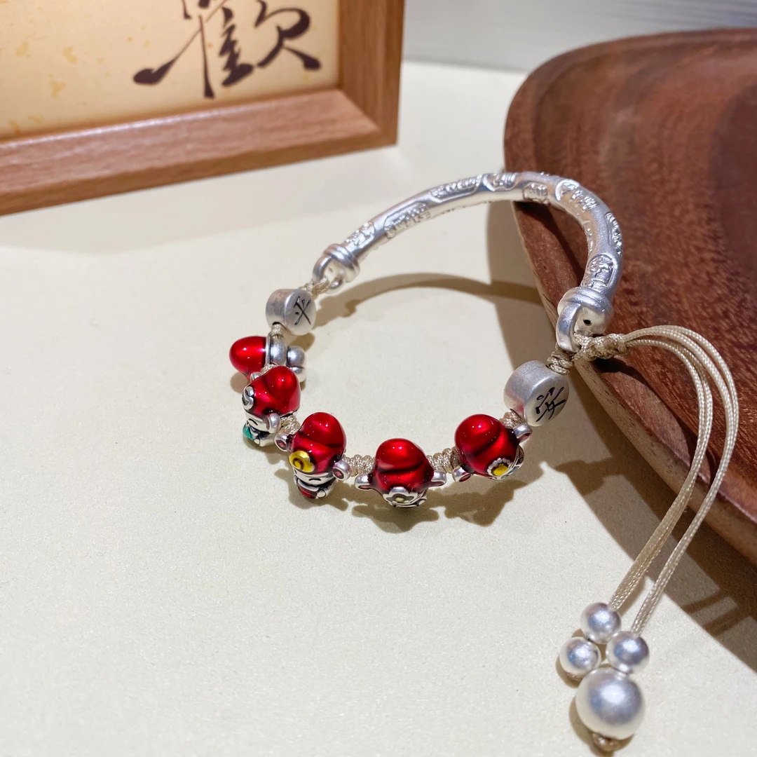 足银手链 足银手链【宝珠银饰】纯银五财神守护半镯手链 送老婆女友