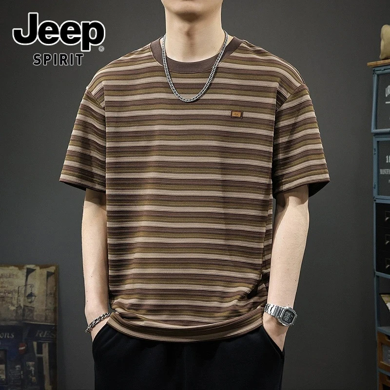 JEEPSPIRIT吉普男士经典短袖T恤重磅条纹夏季半袖宽松潮牌上衣服
