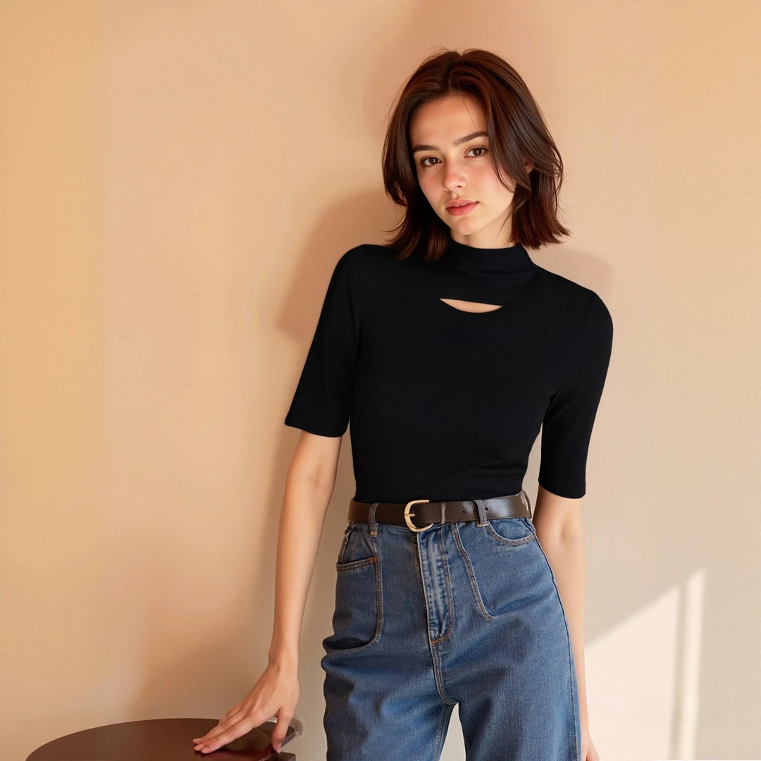 半高领中袖T恤女内搭2025春夏季新款螺纹镂空打底衫纯色洋气上衣