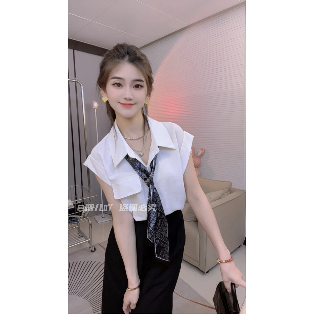韩系翻领配丝巾宽松短袖衬衫女2025夏季新款时尚抽绳收腰减龄小衫