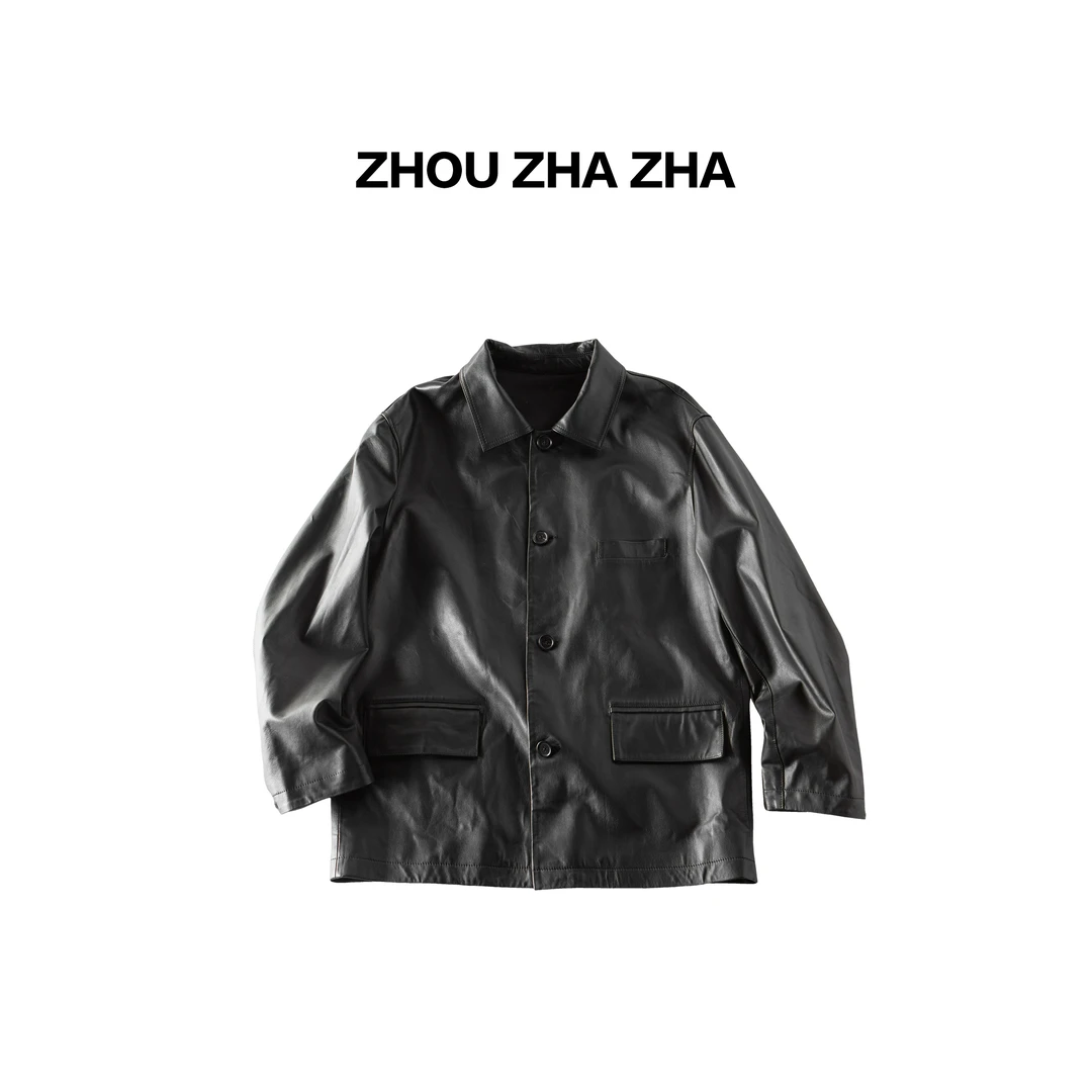 【周炸炸】全牛皮 轻简现代版翻领纯色宽松休闲皮衣#531557