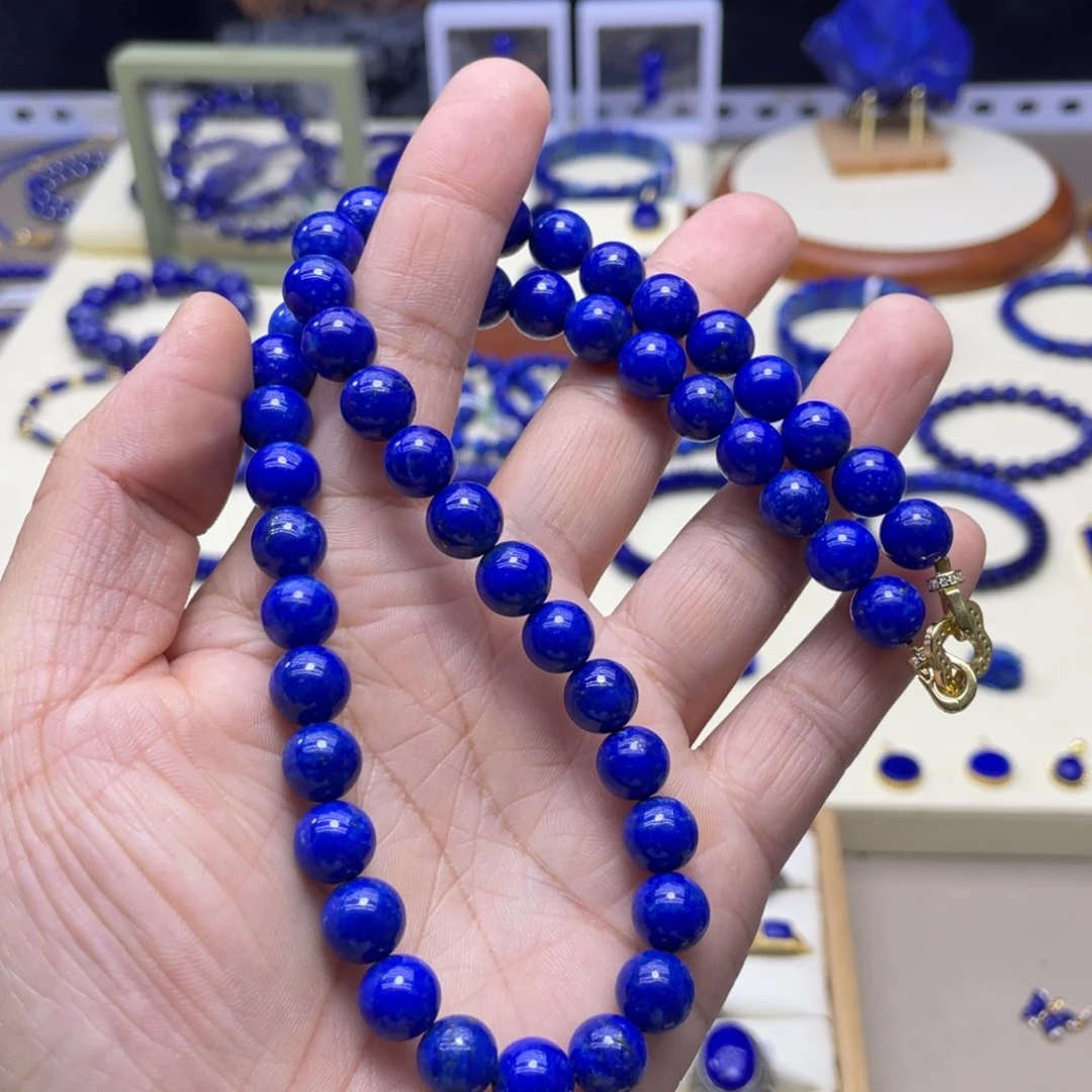 银S925镀金镶嵌青金石项链9mm