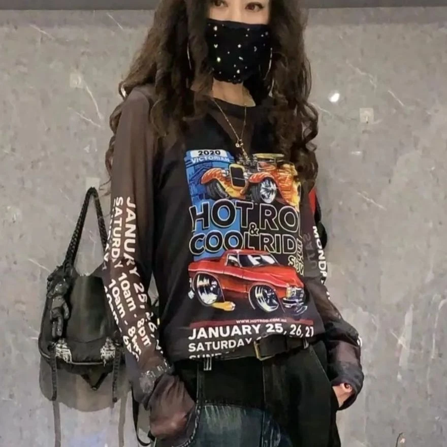 2025夏新款欧洲站欧货潮牌透视打底防晒长袖圆领街头显瘦T恤外穿