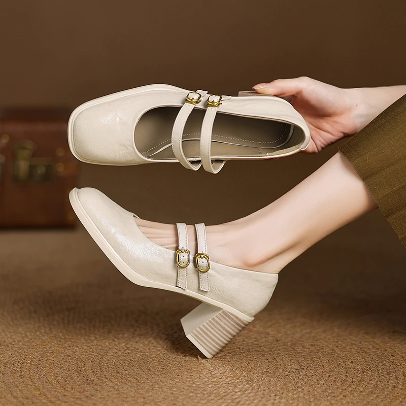 6.5CM，羊皮粗跟高跟鞋气质方头单鞋百搭秋季夏流光风秋季羊皮粗跟