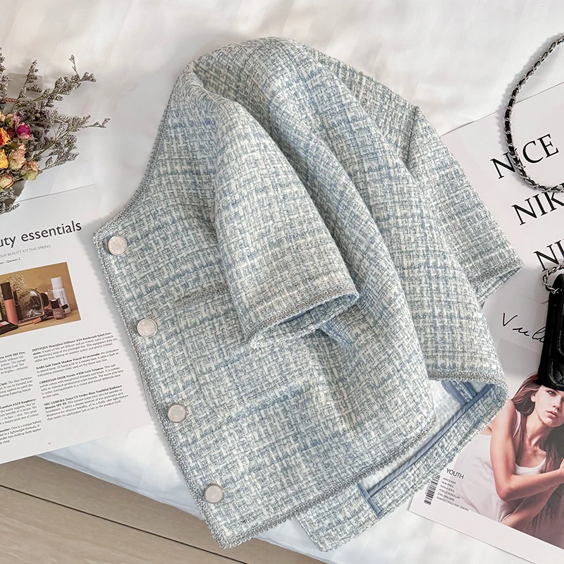 蓝色气质名媛小香风短袖外套女2025夏季新款小个子韩系薄款上衣潮