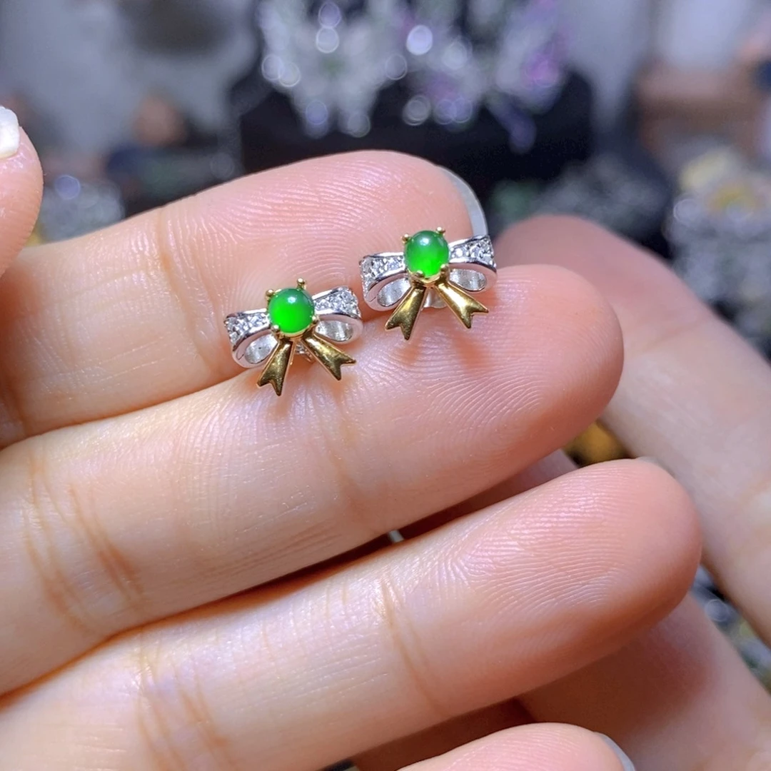 翡翠银S925镀金镶嵌耳饰天然翡翠