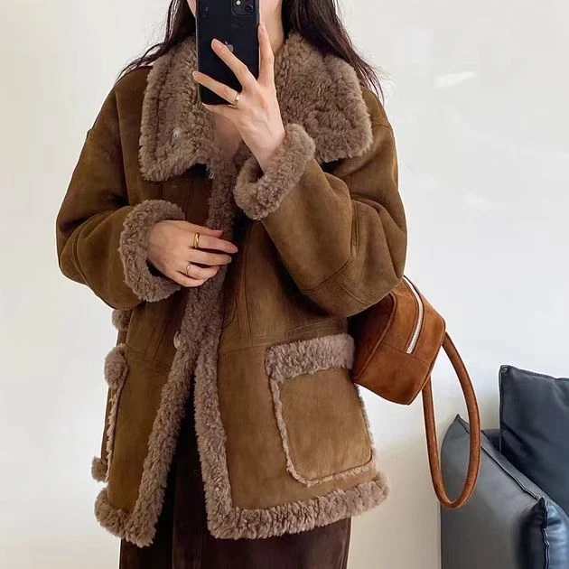 女式两面穿加厚100羊毛休闲保暖百搭冬季外套