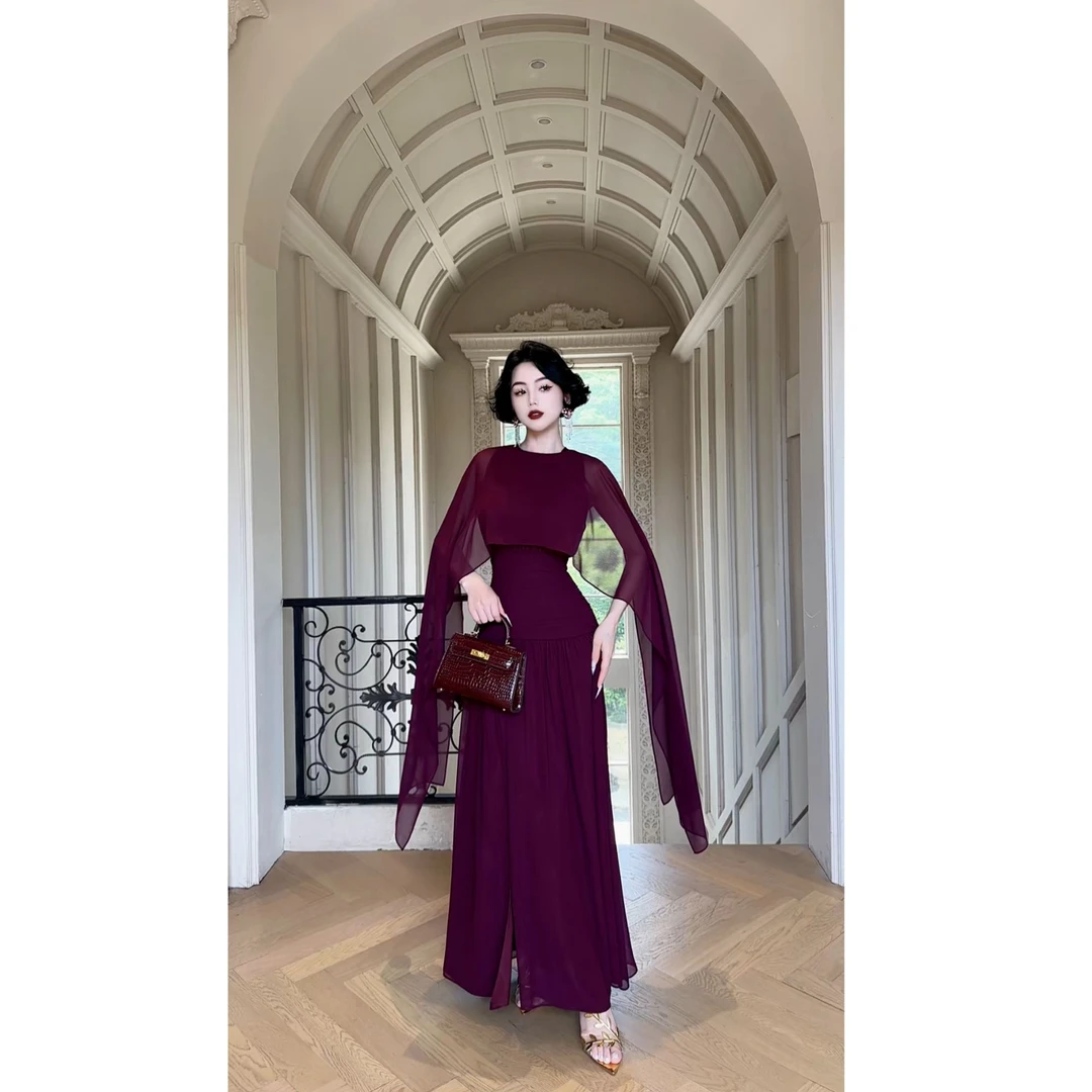 LYXJ【克莱尔玫紫】雪纺连衣裙2025夏季新款收腰显瘦时尚约会连衣裙