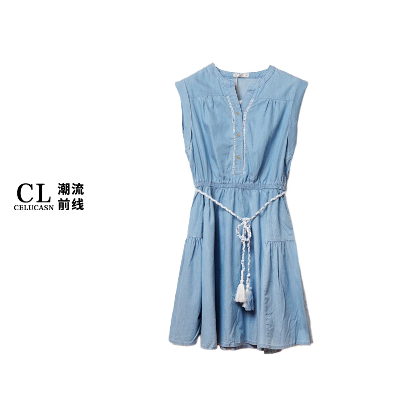 潮流前线 法式绝美无袖女夏海边度假编系带小个子中长裙#J7JIQ108