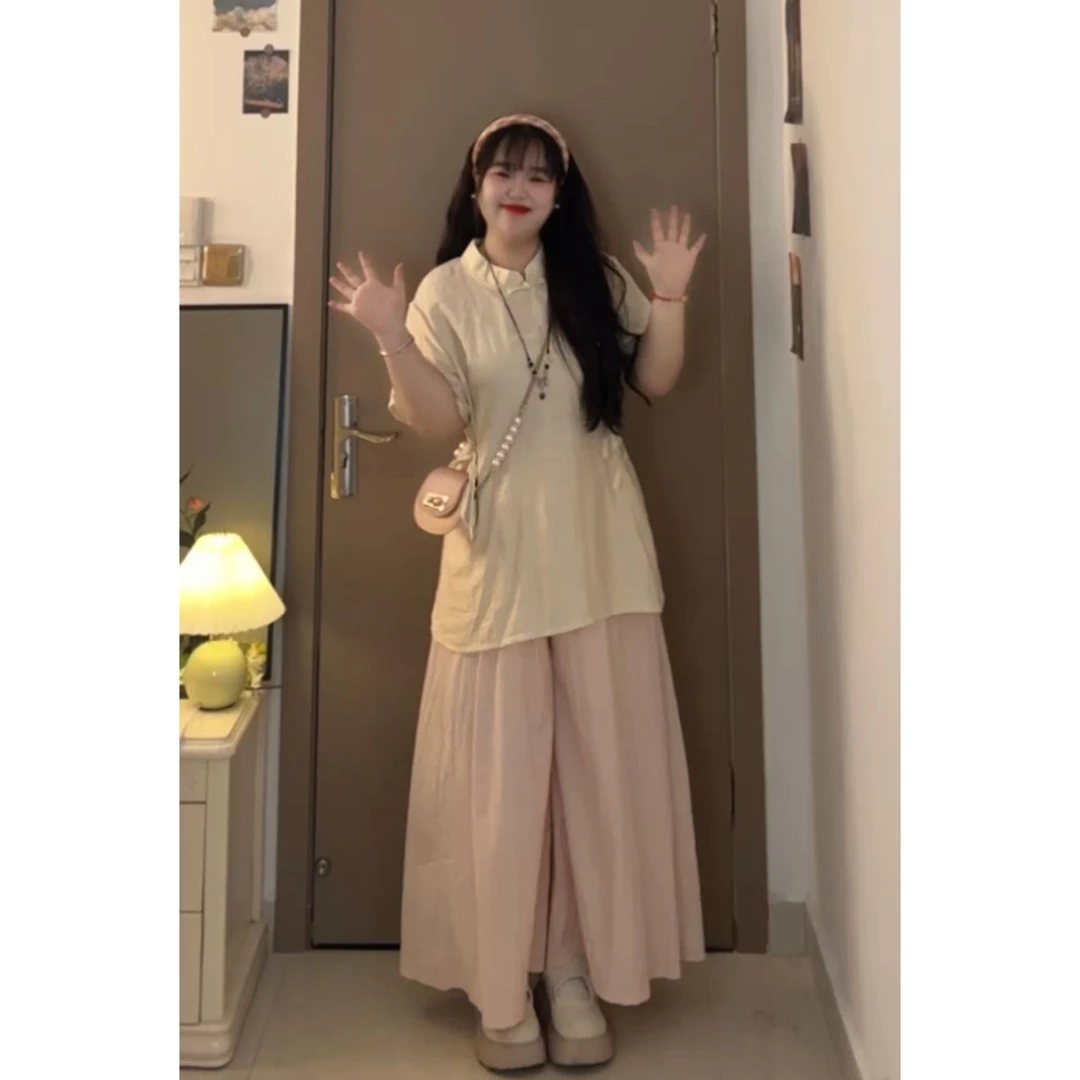 大码女装新中式国风上衣裤裙两件套显瘦2025超火夏装一整套1927