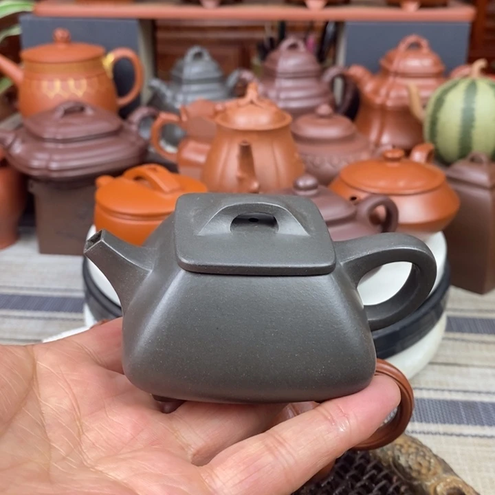 紫砂茶壶方瓢120CC原矿老天青紫砂