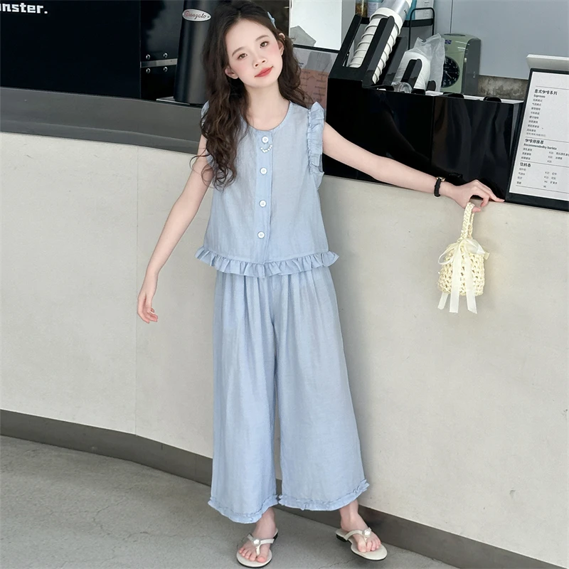 女童夏季套装2025新款儿童装洋气超好看无袖背心上衣阔腿裤两件套