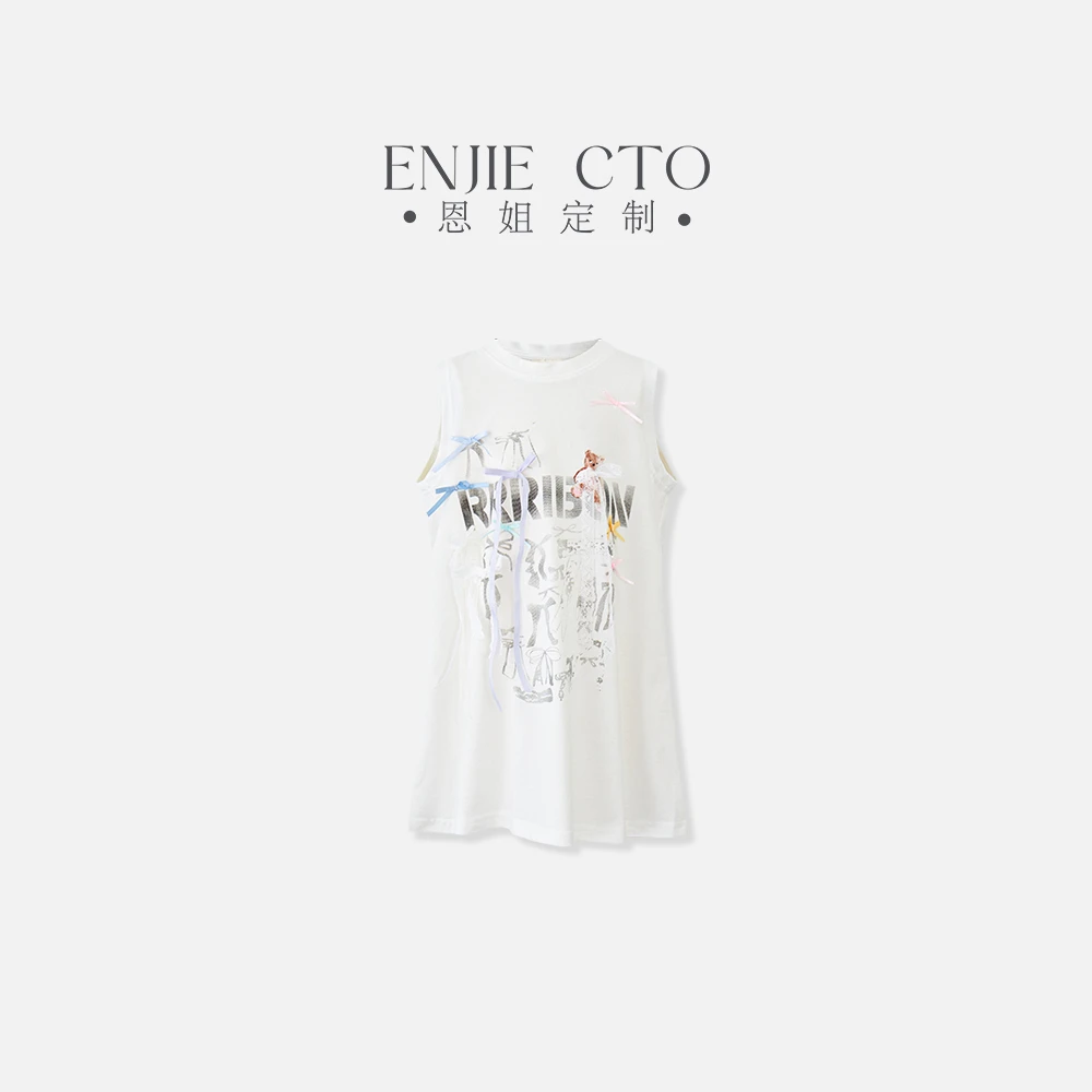 【恩姐定制】蝴蝶结飘带女童夏季无袖T恤气质设计刺绣长款 ENCK6094
